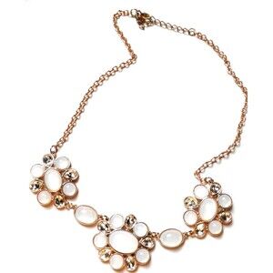 Statement Necklace White Opalescent Oval Beads & Clear Rhinestones Gold Tone...